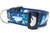 A blue dog collar with a colorful print of hammerhead sharks, rays and bubbles. 