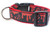 Dog collar with Red glittery hand prints and blood splatter on a black ribbon background.  Sewn on to red nylon webbing in 1 inch wide.