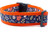 Fall leaves dog collar design with multicolored leaves, acorns and mushrooms on a navy blue background with 1.5 inch wide orange nylon.
