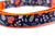 Fall leaves dog collar design with multicolored leaves, acorns and mushrooms on a navy blue background with 5/8 or 3/4 inch wide orange nylon.