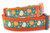 Fall collar with white and orange pumpkins scattered with fall leaves on a turquoise background and coordinating orange nylon webbing.  Top is 1 inch wide with orange buckle and bottom is 1.5 inch wide.