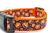 Smiling jack o' lanterns on a black polka dot background.  1 inch wide orange nylon.