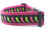 1.5 inch wide dog collar with glitter pink and lime chili peppers on black ribbon with rose nylon webbing.