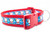 Waving Santa holding presents and a cookie on a blue background with stars and snowflakes.  Set on 1.5 inch wide red nylon webbing.