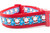 Waving Santa holding presents and a cookie on a blue background with stars and snowflakes.  Set on 1.5 inch wide red nylon webbing.