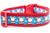 Waving Santa holding presents and a cookie on a blue background with stars and snowflakes.  Set on 1.5 inch wide red nylon webbing.