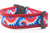 1.5 inch wide Red, white and blue tie dye patterned dog collar with red nylon. 