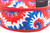A red, white, and blue dog collar with a tie dye pattern on 2 inch wide red nylon.