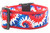A red, white, and blue dog collar with a tie dye pattern on 2 inch wide red nylon.