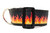 Glittery orange, red and yellow flame print on a black background.  Design is sewn on to black nylon webbing and has a black side release buckle.