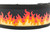 Glittery orange, red and yellow flame print on a black background.  Design is sewn on to black nylon webbing and has a black side release buckle.