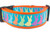 Spring collar with orange nylon and aqua background with multicolored rabbits.