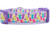 Bunny dog collar with purple nylon and pastel marshmallow bunnies and easter eggs.