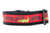 Lator gator dog collar with 1.5 inch wide black nylon and red ribbon with alligators with words Lator Gator in black.