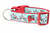 Aqua ribbon with sharks, chomped on heart and words "I Bite" and "Hangry Alert" on 1 inch wide red nylon Aqua ribbon with sharks, chomped on heart and words "I Bite" and "Hangry Alert" on 1 inch wide red nylon