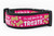 2 inch wide dog collar with black nylon and hot pink ribbon with glittery dog bones, paw prints and words "I'm just here for the treats"