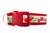 1.5 inch wide collar with red nylon and Santa Claus riding in his sleigh, "Ho Ho Ho" text, and colorful Christmas ornaments and trees set against a light blue background