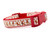 Red dog collar with a repeating pattern of reindeer wearing Santa hats. 