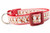 Red dog collar with a repeating pattern of reindeer wearing Santa hats. 