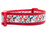 Dog collar featuring a festive pattern of Santa Claus, reindeer, and snowmen on a light blue background with snowflakes, stitched onto a bright 1.5 inch wide red nylon webbing