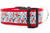 2 inch wide dog collar featuring a festive pattern of Santa Claus, reindeer, and snowmen on a light blue background with snowflakes, stitched onto a red nylon webbing.