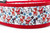 2 inch wide dog collar featuring a festive pattern of Santa Claus, reindeer, and snowmen on a light blue background with snowflakes, stitched onto a red nylon webbing.