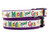 Mardi Gras themed collar with purple nylon and white ribbon patterned with pirates, masks, and joker hats all in traditional mardi gras colors.