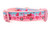 A light-pink nylon dog collar featuring a decorative ribbon with a pattern of pink plaid pickup trucks carrying glittery hearts. The background of the ribbon has a blue and pink gradient.