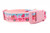 A light-pink nylon dog collar featuring a decorative ribbon with a pattern of pink plaid pickup trucks carrying glittery hearts. The background of the ribbon has a blue and pink gradient.