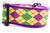 Purple nylon dog collar featuring a decorative ribbon with a Mardi Gras argyle pattern in purple, green, and yellow diamonds.