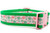Kelly green 1.5 inch wide nylon with ribbon with pink and green shamrocks on a pink background.