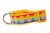 A bright yellow nylon dog collar featuring a decorative ribbon with a rainbow background. The ribbon depicts small, glittery yellow chicks hatching from Easter eggs with pink, blue, and purple zigzag patterns.