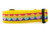 A bright 1.5 inch wide yellow nylon dog collar featuring a decorative ribbon with a rainbow background. The ribbon depicts small, glittery yellow chicks hatching from Easter eggs with pink, blue, and purple zigzag patterns.