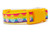 A bright yellow nylon dog collar featuring a decorative ribbon with a rainbow background. The ribbon depicts small, glittery yellow chicks hatching from Easter eggs with pink, blue, and purple zigzag patterns.