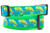 Adjustable dog collar featuring a pattern of bright green chameleons sitting on brown branches against a turquoise-blue ribbon. The patterned ribbon is stitched onto a bright lime green webbing backing.