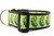 Dog collar with bright lime green ribbon with a repeating pickle pattern sewn onto 2 inch wide black nylon webbing.