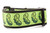 Dog collar with bright lime green ribbon with a repeating pickle pattern sewn onto 2 inch wide black nylon webbing.