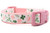 A pink and white dog collar with a floral pattern featuring pink flowers and green shamrocks.