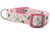 A pink and white dog collar with a floral pattern featuring pink flowers and green shamrocks.