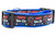 A vibrant blue nylon dog collar featuring a black patterned ribbon that reads "Party like it's 1776" surrounded by red, white, and blue fireworks and stars.