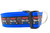 A vibrant blue nylon dog collar featuring a black patterned ribbon that reads "Party like it's 1776" surrounded by red, white, and blue fireworks and stars.