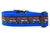 A vibrant blue nylon dog collar featuring a black patterned ribbon that reads "Party like it's 1776" surrounded by red, white, and blue fireworks and stars.
