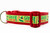Holiday dog collar with red nylon and a lime green background with candy cane, elf hat and the phrase "Santa I know him!"