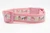 Pink dog collar featuring a white ribbon trim printed with sparkly pink pumpkins, peach pumpkins and vines.