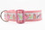 Pink dog collar featuring a white ribbon trim printed with sparkly pink pumpkins, peach pumpkins and vines.