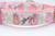 Pink dog collar featuring a white ribbon trim printed with sparkly pink pumpkins, peach pumpkins and vines.