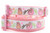 Pink dog collar featuring a white ribbon trim printed with sparkly pink pumpkins, peach pumpkins and vines.