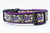 Purple nylon dog collar with a black ribbon pattern featuring dog skeletons, floating bones, colorful confetti hearts, and sparkly purple "BOOP" text.