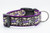 Purple nylon dog collar with a black ribbon pattern featuring dog skeletons, floating bones, colorful confetti hearts, and sparkly purple "BOOP" text.