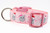 Pink dog collar with a snowflake pattern and santa and bow wearing hippos